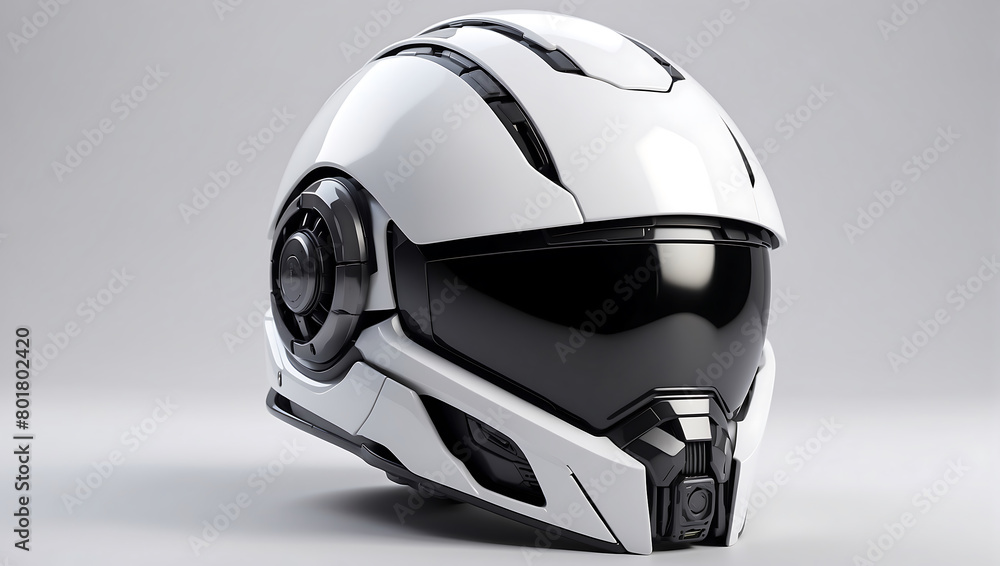 Fototapeta premium A futuristic cybernetic helmet on a white background with a gray background, modern stylized intricate high tech helmet