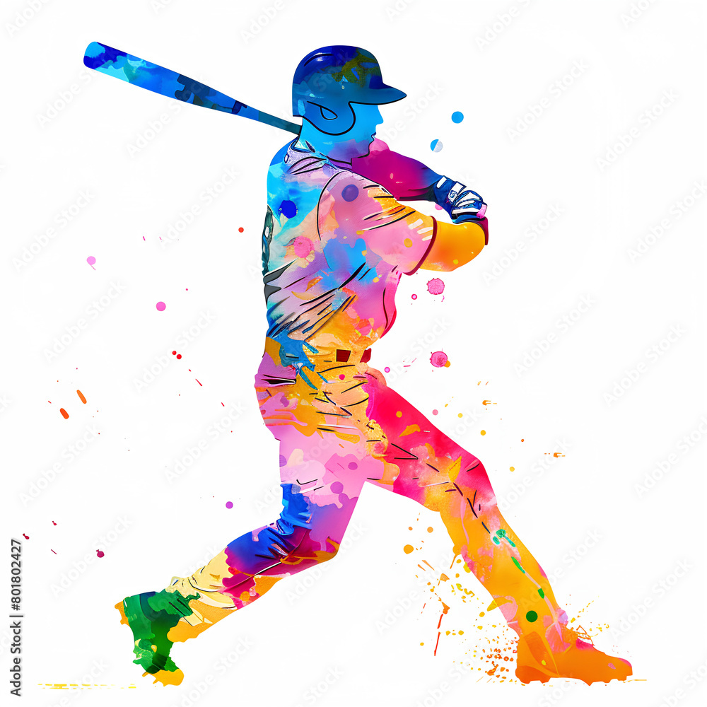 Vibrant Watercolor Baseball Player, Dynamic Swing Action on White Background Vibrant Watercolor Baseball Player, Dynamic Swing Action on White Background