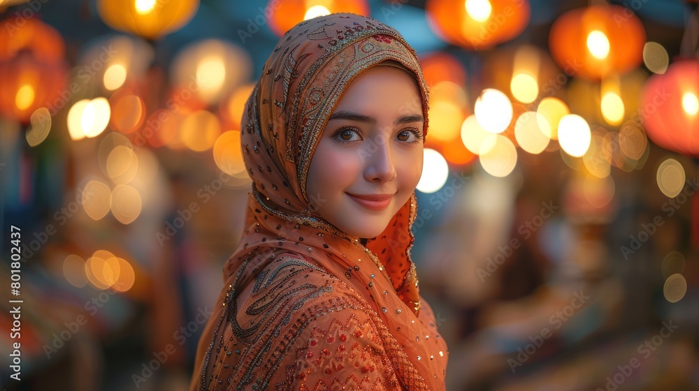 Ai Generative photo of a happy muslim woman with ramadan lanterns in streets Ai Generative photo of a happy muslim woman with ramadan lanterns in streets