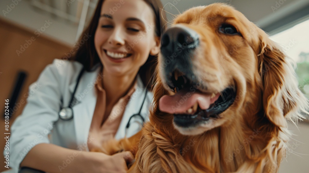 At a Modern Vet Clinic: Golden Retriever Sitting on Examination Table as a Female Veterinarian Assesses the Dog's Health. Handsome Dog's Owner Helps to Calm Down the Pet At a Modern Vet Clinic: Golden Retriever Sitting on Examination Table as a Female Veterinarian Assesses the Dog's Health. Handsome Dog's Owner Helps to Calm Down the Pet