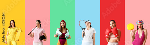 Set of many sporty women on...