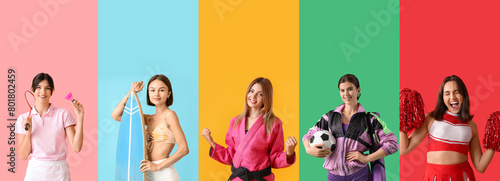 Set of many sporty women on...