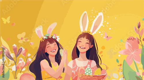 Young girls with Easter basket bunny ears and decor