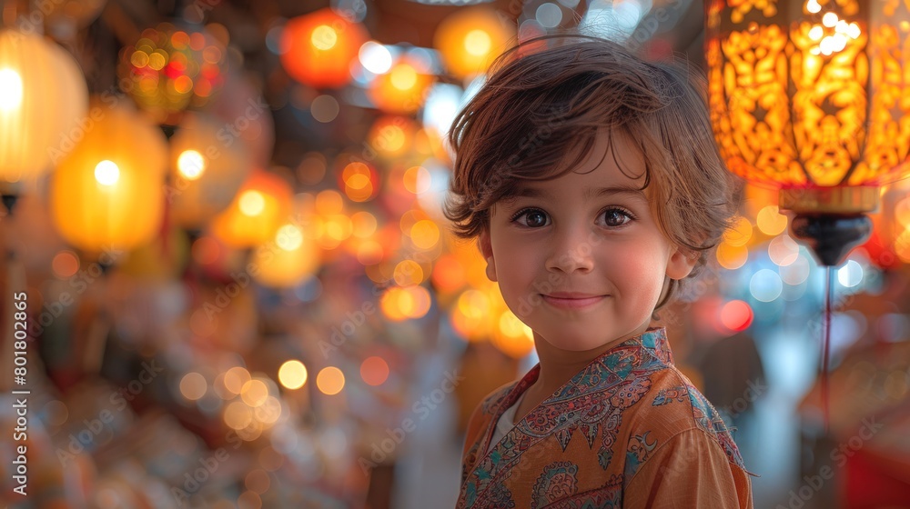 Ai Generative photo of a happy muslim boy with ramadan lanterns in streets Ai Generative photo of a happy muslim boy with ramadan lanterns in streets