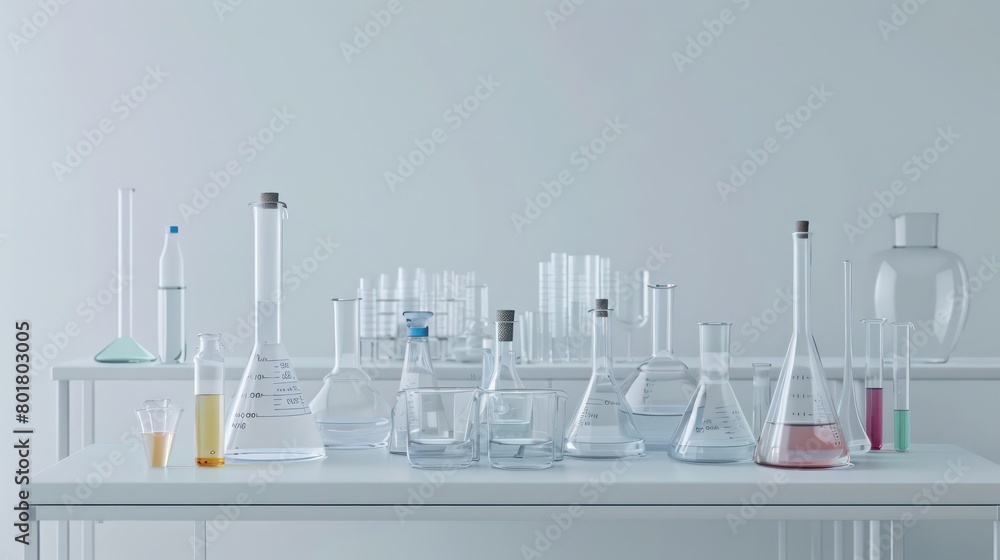 Chemical lab glasses on white table, glass vials, measuring cups, test tubes, distillation flasks Chemical lab glasses on white table, glass vials, measuring cups, test tubes, distillation flasks