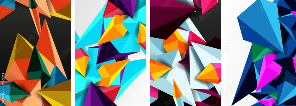 A striking collage of four different colored triangles creates a bold and vibrant display of creative arts. The electric blue, tints and shades, and symmetry add depth to the art piece A striking collage of four different colored triangles creates a bold and vibrant display of creative arts. The electric blue, tints and shades, and symmetry add depth to the art piece