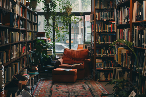 Cozy bookstore interior with rows of books and comfortable reading nooks, inviting atmosphere
