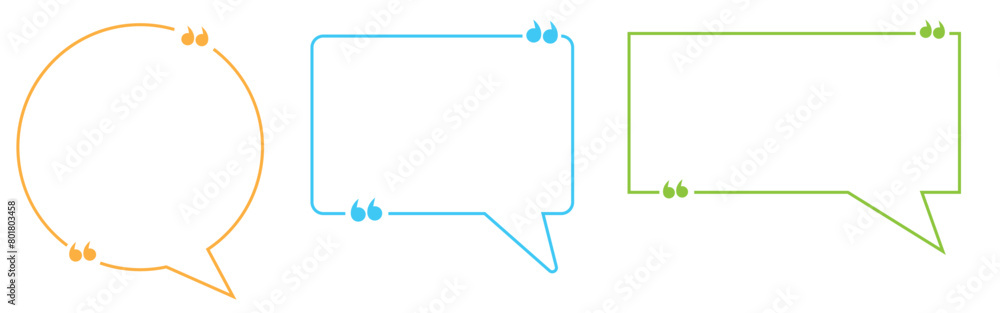 Text quote frame vector template. Info speech bubble shapes set for quotation box background. Colored note textbox design for chat or feedback description. Empty geometric message frames Text quote frame vector template. Info speech bubble shapes set for quotation box background. Colored note textbox design for chat or feedback description. Empty geometric message frames