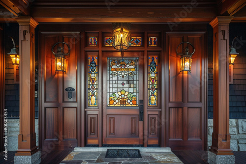 The grand entrance of a craftsman style house  with a custom-made wooden door flanked by stained glass panels and lantern-style sconces.