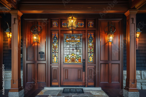 Wallpaper Mural The grand entrance of a craftsman style house, with a custom-made wooden door flanked by stained glass panels and lantern-style sconces. Torontodigital.ca