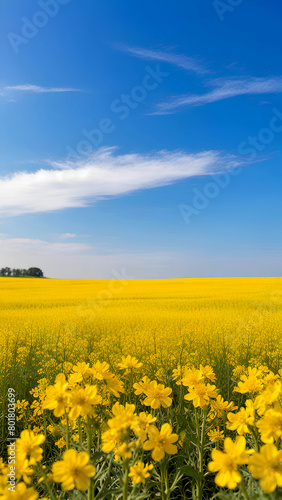 Field of yellow flowers and blue sky with white clouds, spring landscape. AI Generative