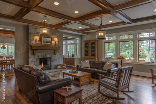 The interior of a craftsman style house featuring an open concept living space with coffered ceilings, a stone fireplace, and handcrafted wooden furniture, bathed in soft, natural light. © artist
