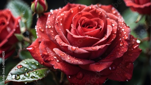  A close-up shot of dewdrops glistening on the velvety petals of a red rose 