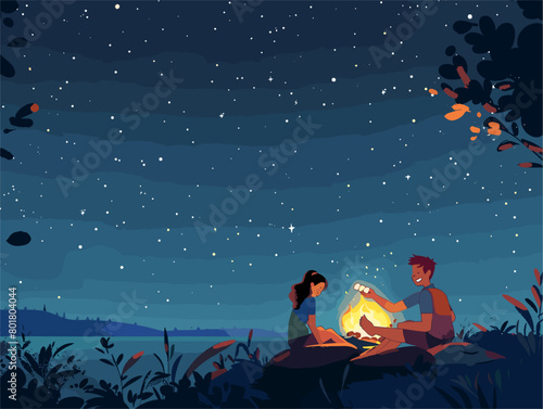 Camping Adventure Under a Starlit Sky: Friends Bonding and Sharing Memories by the Campfire