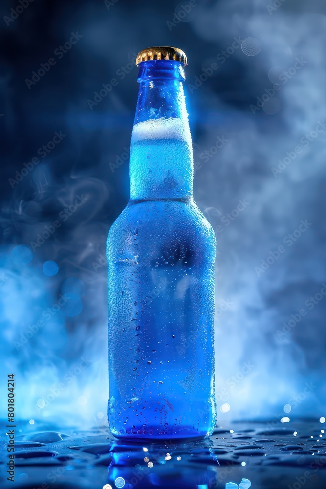 blue beer bottle, low angle, in back lighting effect blue beer bottle, low angle, in back lighting effect