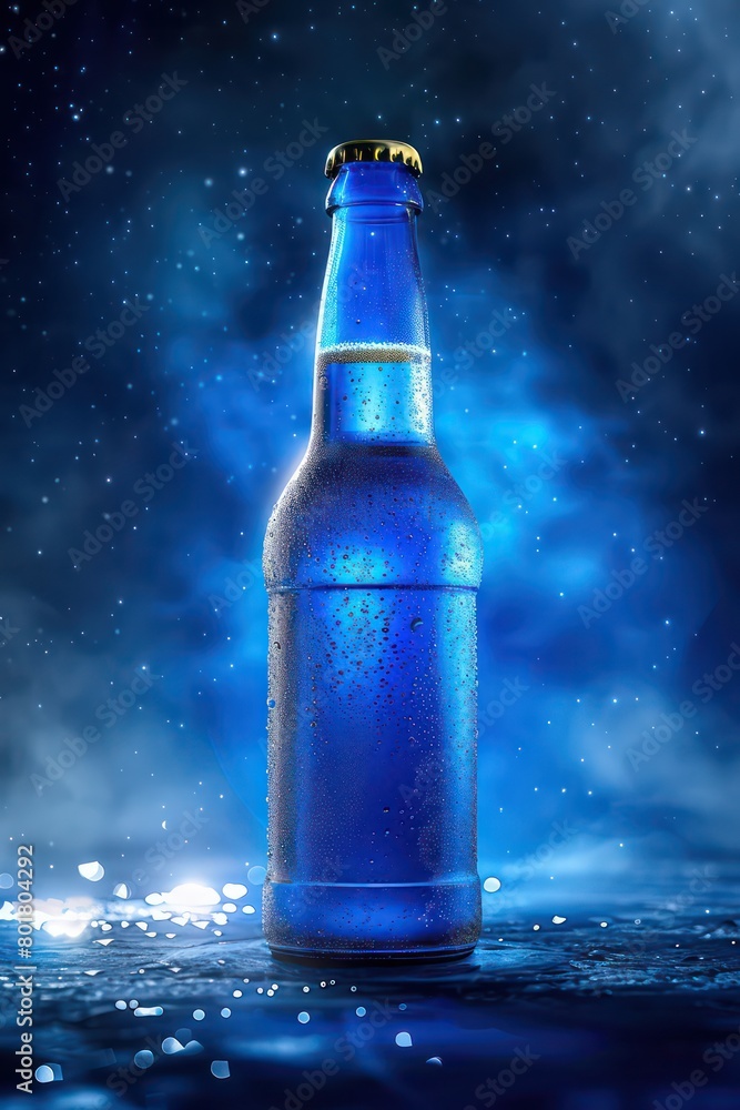blue beer bottle, low angle, in back lighting effect blue beer bottle, low angle, in back lighting effect