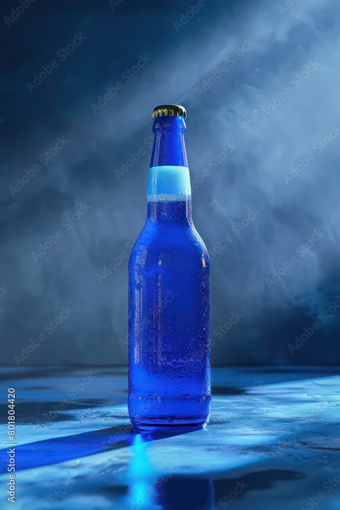 blue beer bottle, low angle, in back lighting effect blue beer bottle, low angle, in back lighting effect