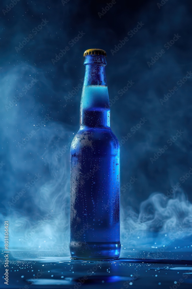 blue beer bottle, low angle, in back lighting effect blue beer bottle, low angle, in back lighting effect