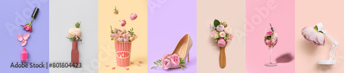 Collage of different items with rose flowers on color background photo