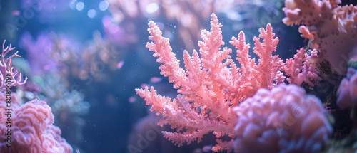 A close shot of beautiful pink coral reef underwater a backdrop type image with vibrant pink color and blue water with space for text, Generative AI. photo