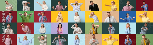 Collage of laughing people on color background