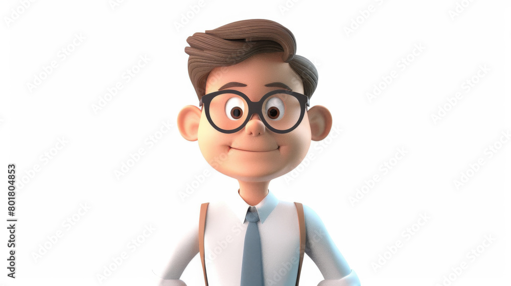 A happy young animated boy with stylish glasses and a tie standing proudly, depicted in a fun and friendly 3D illustration. A happy young animated boy with stylish glasses and a tie standing proudly, depicted in a fun and friendly 3D illustration.