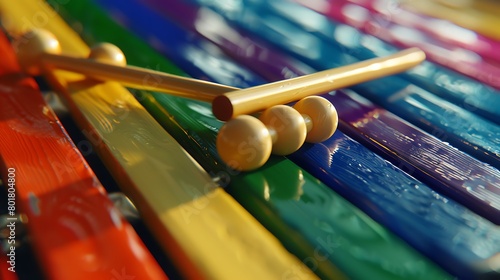 A colorful xylophone with mallets resting on top photo