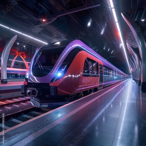 a urban metro train at the station with red and purple lights