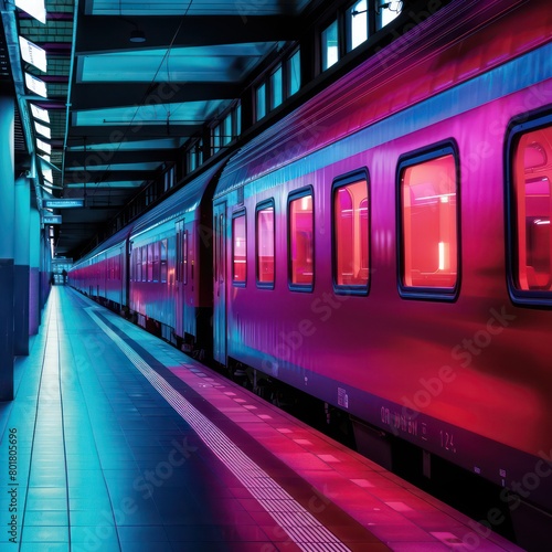 a urban metro train at the station with red and purple lights