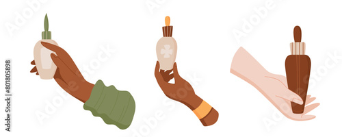 Flat isolated beauty cream bottle in hand, minimal antiaging skin care shampoo jar, colorful organic makeup product set, cartoon cleansing hygiene pack collection, vector illustration.