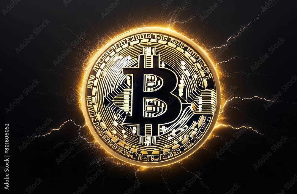 Fototapeta premium Bitcoin ETF coin, gold yellow, trading, chart, money, rich. Close-up bitcoin coin with flying coins. Bitcoin Crypto currency Gold BTC Bit Coin close up of Bitcoin coins isolated. Blockchain technology