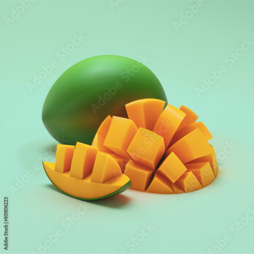 3D render illustration of a whole mango and its cut pieces
