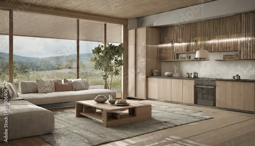 Modern Japanese minimalist interior design kitchen and living room ,sleek tatami mats meet plush rugs, light wood blends with earthy ceramics