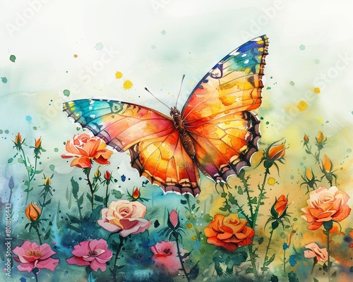 Watercolor hand drawn butterfly fluttering over a field of roses  bright pastels  embodying a vibrant summer theme