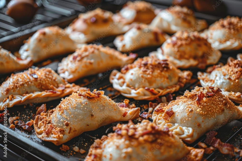 Homemade vareniki, pirogi sprinkled with fried bacon.