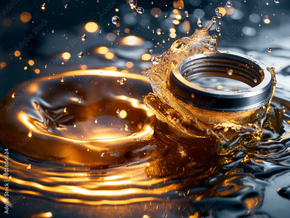 A metal ring creates an energetic splash in lustrous oil, against a dark backdrop, illustrating motion and industrial concepts.