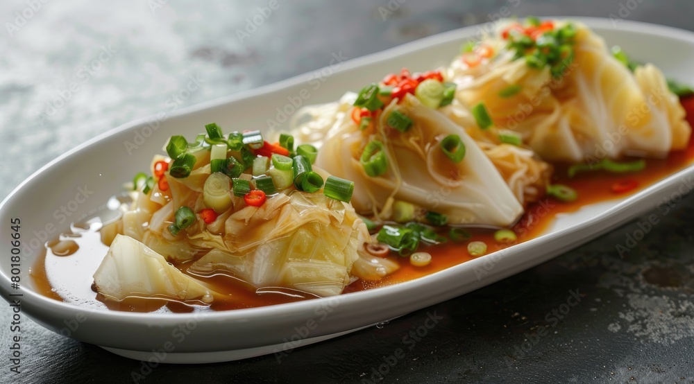Boiled cabbage, adorned with chopped green onion, a small amount of sweet pepper, light soy sauce, oval shaped white plate. Boiled cabbage, adorned with chopped green onion, a small amount of sweet pepper, light soy sauce, oval shaped white plate.