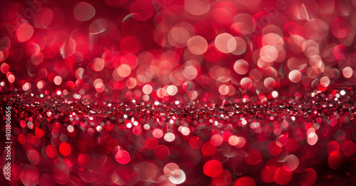 Close-up of vibrant abstract red bokeh lights with a glittery effect, ideal for festive backgrounds.