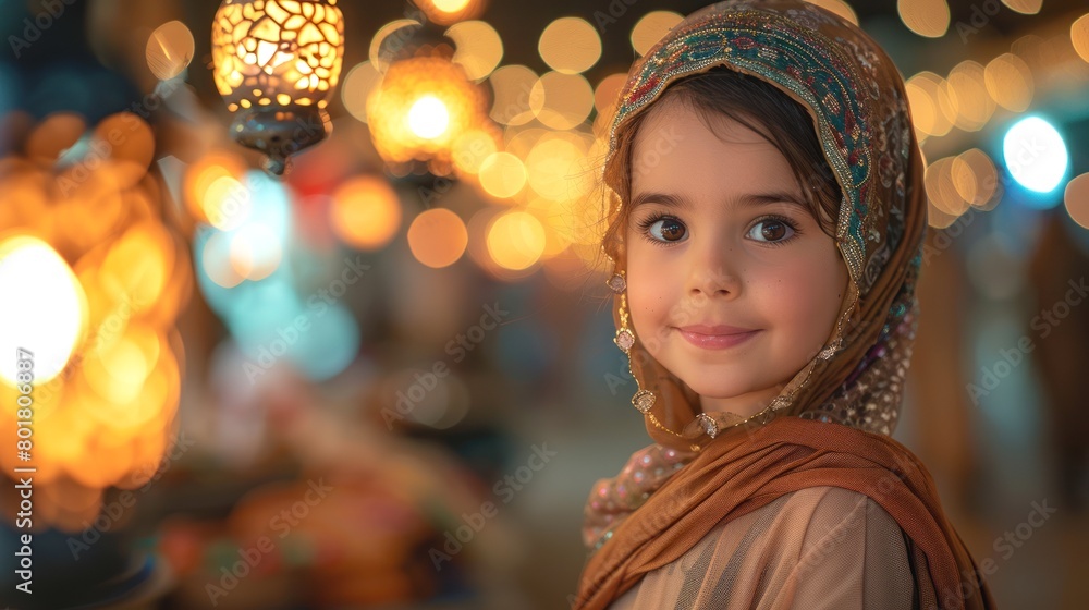 Fototapeta premium Ai Generative photo of a happy muslim girl with ramadan lanterns in streets