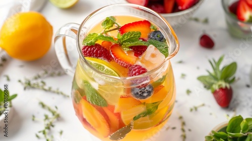 A glass pitcher filled with a colorful and refreshing mocktail topped with fresh fruit and herbs made using the DIY mocktail crafting kit.