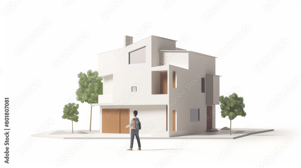 A conceptual model of a two-story modern house with minimalist design, featuring small trees and an architect figure for scale.