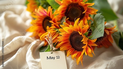 Over a white backdrop, a May 12 calendars indicate and a sunflower arrangement symbolize gratitude Mother's Day and space, Generative AI. photo