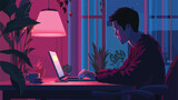 Young man using laptop at home late in evening Vector