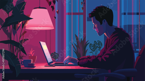 Young man using laptop at home late in evening Vector