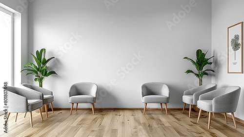 doctor's office waiting room with a white wall, some soft gray chairs, oak flooring © STOCKYE STUDIO