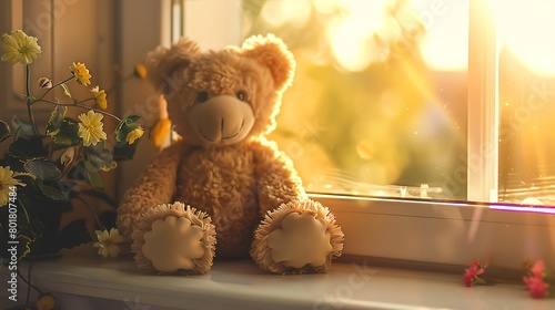 A plush teddy bear sitting on a sunlit windowsill photo