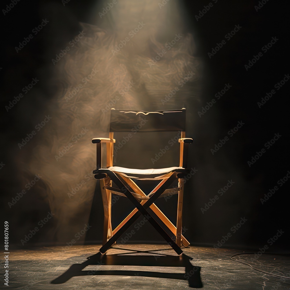 movie directors chair. nobody is sitting in the chair. the spotlight is on the chair movie directors chair. nobody is sitting in the chair. the spotlight is on the chair