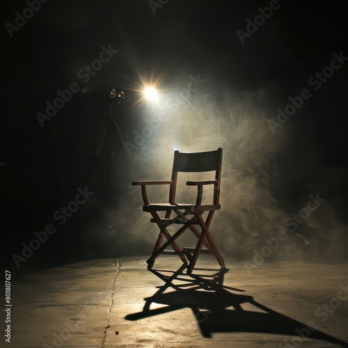 movie directors chair. nobody is sitting in the chair. the spotlight is on the chair