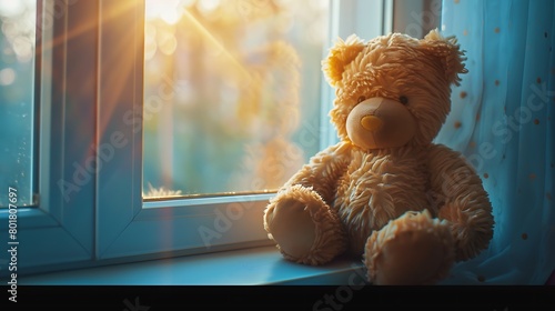 A plush teddy bear sitting on a sunlit windowsill photo