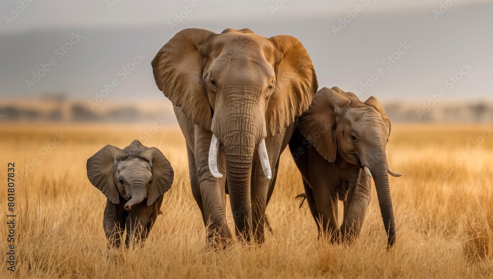 Fototapeta premium Three elephants standing closely together in tall dry grass of African plains radiating strength unity and familial bonds under soft golden light of a peaceful natural habitat